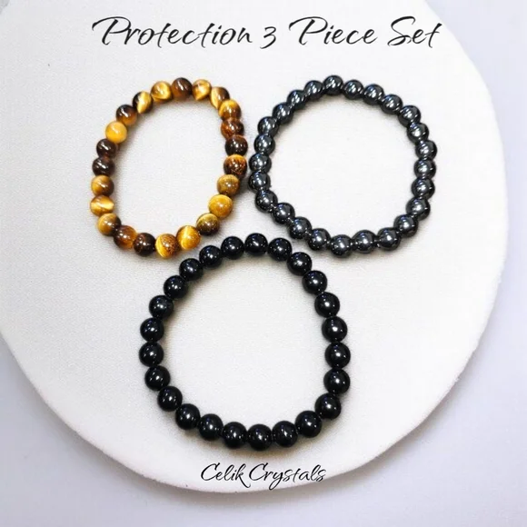 3 Piece Protection Bracelet Set Tiger Eye Hematite Black Tourmaline 8mm Unisex - Picture 2 of 6